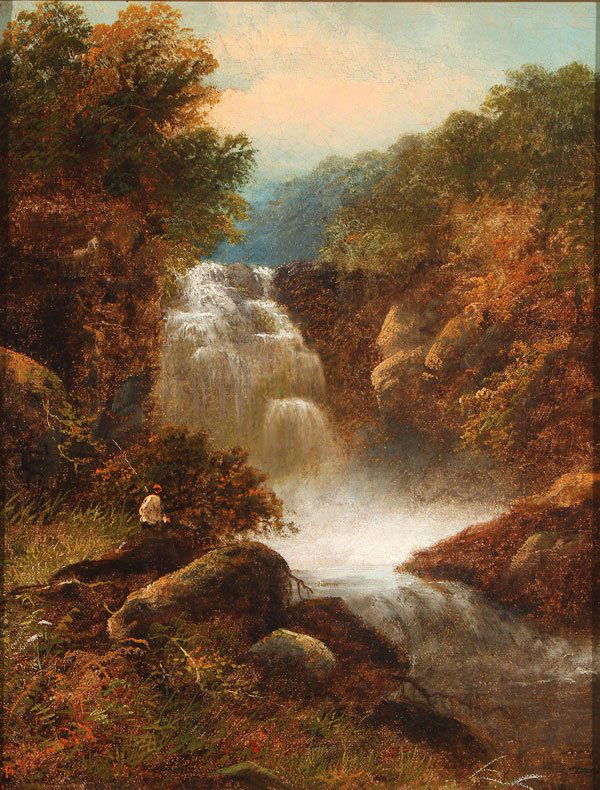19TH CENTURY BRITISH LANDSCAPE PAINTING: BRITISH SCHOOL(19th century)Fisherman in Landscape with Waterfall Oil on canvasIndistinguishably signed lower left18 inches x 14 inches (45.7 x 35.8 cm)
