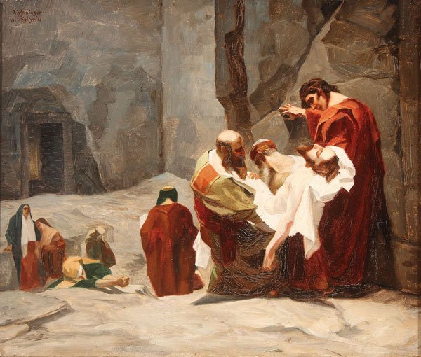 19TH CENTURY RELIGIOUS PAINTING: Circle of BRUNO PIGLHEIN(German 1848-1894) The Entombment of Christ Oil on canvas Indistinctly signed upper left 12 inches x 14.5 inches (30.5 x 36.8 cm)