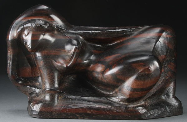 VINCENT GLINSKY WOOD SCULPTURE, 1947: VINCENT GLINSKY(American 1895-1975)Recumbent Partial Nude Female- 1947Carved exotic woodInscribed and dated on bottom "Vincent Glinsky 1947"Height 10 inches; length 16.25 inches
