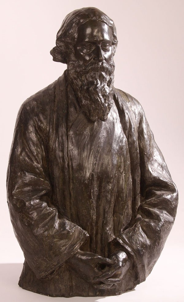 RARE BRONZE INDIAN NOBEL POET LAURET: PAUL PAULIN(French 1852-1937) Nobel Lauret Poet Rabindranath Tagore- 1921 Bronze with dark brown patina Signed, dated and inscribed on base PPaulin and Rabindranth Tagore 1921 Valsuani Foundry mark He