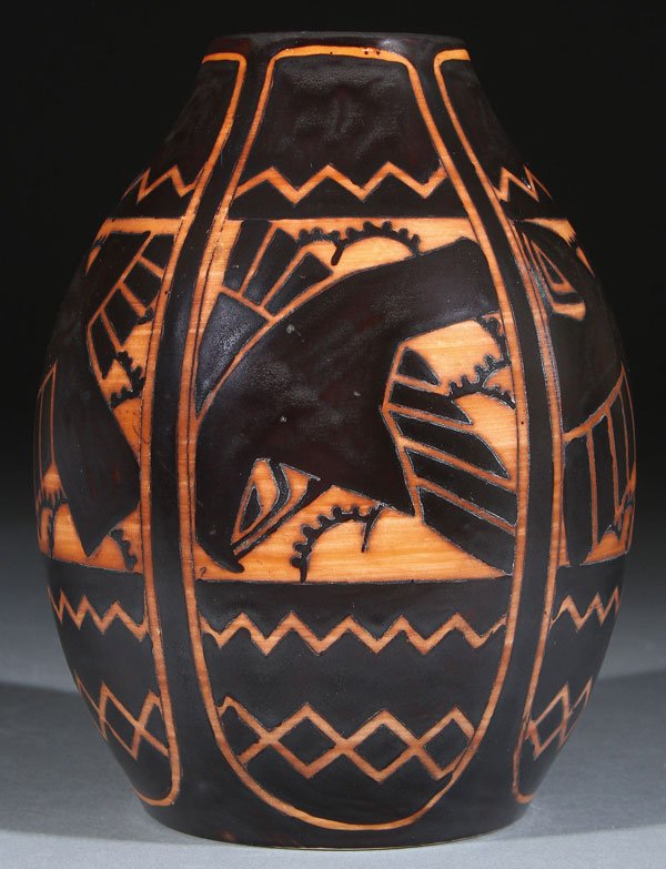 A FINE CHARLES CATTEAU ART DECO STONEWARE VASE: A VERY FINE CHARLES CATTEAU ART DECO STONEWARE VASE, EARLY 20TH CENTURY. With stylized eagles in flight in black enamel panels on a tea colored ground, inscribed D.1009, Ch. Catteau, with Boch Freres