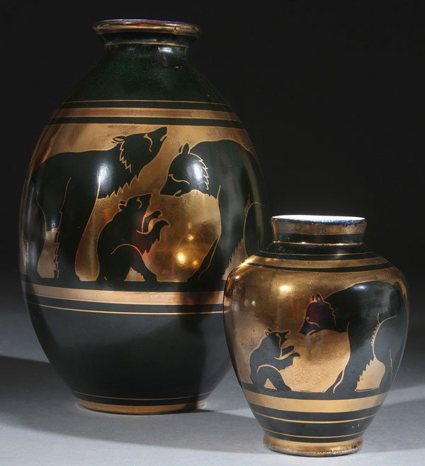 PAIR OF CHARLES CATTEAU FOR BOCH FRERES VASES: A PAIR OF CHARLES CATTEAU FOR BOCH FRERES ART DECO "BEARS" CERAMIC VASES, EARLY 20TH CENTURY. Each of ovoid form with silhouetted bears in a gold over black ground. The largest inscribed D.2127 and ea