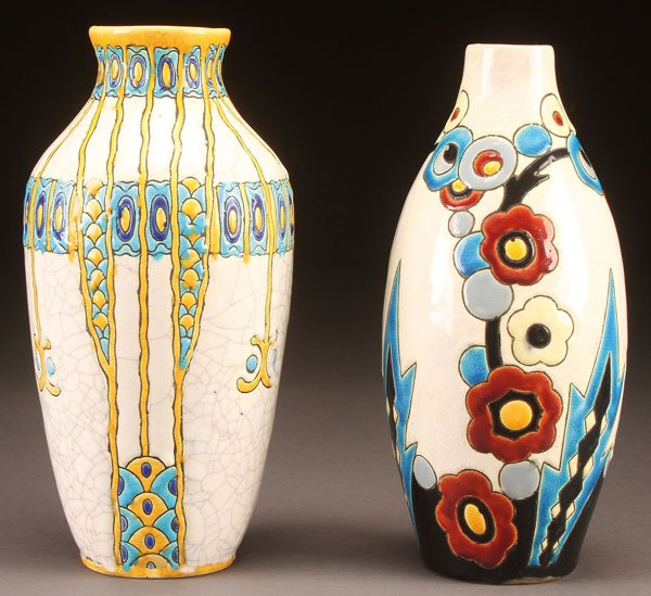 PAIR OF CHARLES CATTEAU FOR BOCH FRERES VASES: A PAIR OF CHARLES CATTEAU FOR BOCH FRERES ART DECO CERAMIC VASES, EARLY 20TH CENTURY. Comprising a "Col Degage" vase inscribed D.739 with Boch Freres backstamp, height 10.75 inches (27.3 cm) and an ar