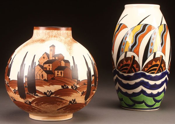 PAIR OF CHARLES CATTEAU FOR BOCH FRERES VASES: A PAIR OF CHARLES CATTEAU FOR BOCH FRERES ART DECO CERAMIC VASES, EARLY 20TH CENTURY. Comprising a monotone village scene vase, inscribed D.1622, Ch. Catteau, LD. With Boch Freres Keramis backstamp, h