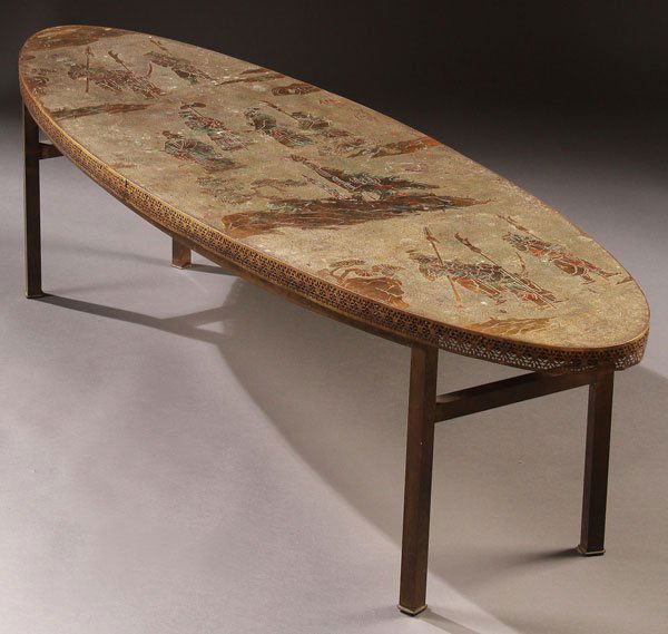 A PHILLIP & KELVIN LAVERNE ETCHED BRONZE TABLE: A PHILLIP & KELVIN LAVERNE "CHAN" ETCHED BRONZE OVAL COFFEE TABLE, MID 20TH CENTURY. The elongated oval top etched with a design of Chinese warriors on a pewter patinated ground, raised on four square