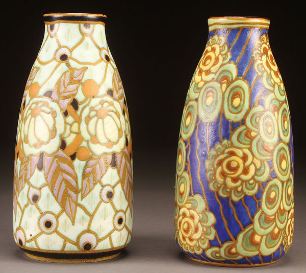 PAIR OF CHARLES CATTEAU FOR BOCH FRERES VASES: A PAIR OF CHARLES CATTEAU FOR BOCH FRERES ART DECO CERAMIC VASES, EARLY 20TH CENTURY. Comprising a Jan Wind/Leon Delfant vase inscribed WD.963, Charles Catteau, Boch Freres, height 11.5 inches (29 cm)