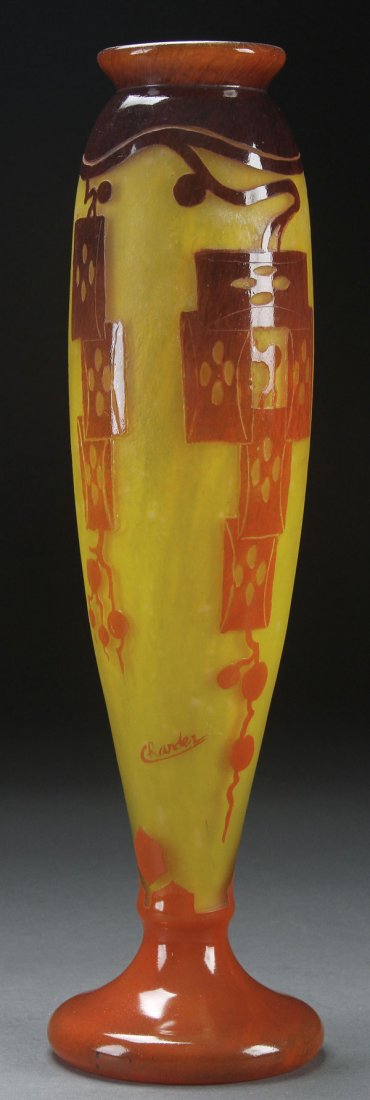 A LE VERRE FRANCAIS CHARDER "FRENES" FRENCH VASE: A LE VERRE FRANCAIS CHARDER "FRENES" FRENCH CAMEO ART GLASS VASE, EARLY 20TH CENTURY. Of elongated ovoid form, in grey colored glass internally decorated with mottled lemon and overlaid with amethyst 