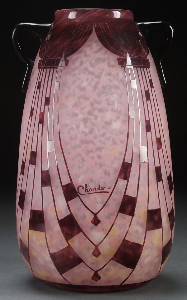 LE VERRE FRANCAIS FRENCH ART GLASS VASE: A LE VERRE FRANCAIS CHARDER "COLLIERS" FRENCH ART GLASS VASE, EARLY 20TH CENTURY. Of ovoid form with applied handles, in grey colored glass internally decorated with mottled opal and lavender, overlai
