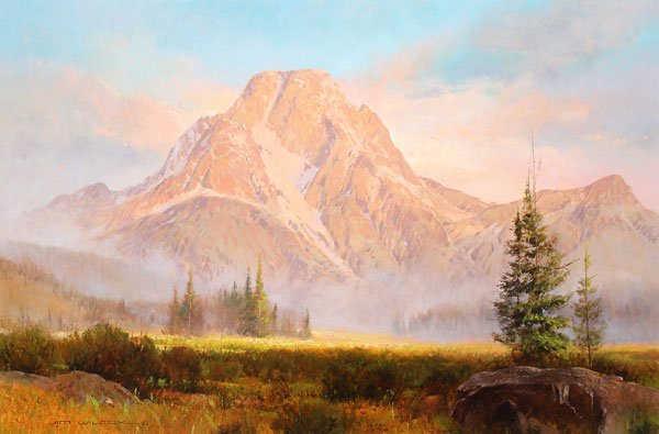 AN ORIGINAL JIM WILCOX OIL PAINTING: JIM WILCOX (American b. 1941)Mt. Moran SunriseOil on MasoniteSigned lower left24 inches x 36 inches