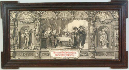 GERMAN SCHOOL (19th century). "Allegory: GERMAN SCHOOL (19th century). "Allegory of Love". Etching on paper. Cartouche imprinted in German with "He who doesn't love wine, company and song remains naive his entire life". 29" x 62". Contained