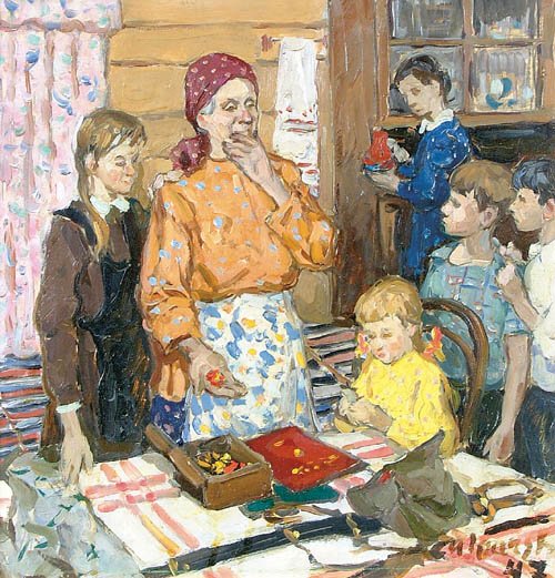 MIKHAIL GRACHEV (Russian b. 1913-) "Gra: MIKHAIL GRACHEV (Russian b. 1913-) "Grandpa's Mementos", circa 1947. Oil on artist board. Signed in Cyrillic lower right and dated "47". Verso inscribed in Cyrillic. 15.75" x 16.5". Estimate $600-$800