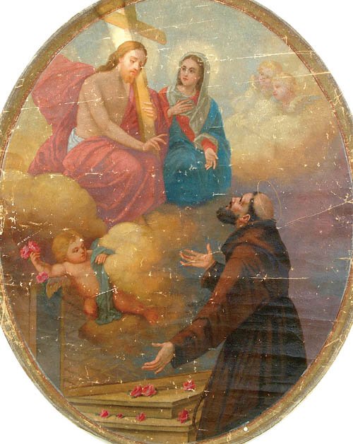 GERMAN SCHOOL (19th century). "Saint Fr: GERMAN SCHOOL (19th century). "Saint Francis before Christ and The Virgin Mary". Oil on canvas. Unsigned. Unstretched and unframed. 43" x 53". Estimate $50-$100