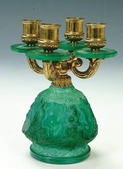 A GOOD SCHIEVOGHT MALACHITE CANDELABRA: A GOOD SCHIEVOGHT MALACHITE CANDELABRA in green paneled glass with gilt attachments signed "Ingrid Czechoslovakia". Height 7.5". Estimate $500-$750