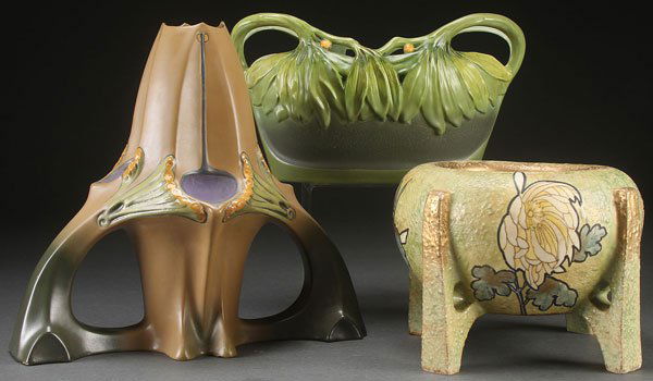 THREE PIECE GROUP OF AUSTRIAN ART POTTERY, CIRCA: THREE PIECE GROUP OF AUSTRIAN ART POTTERY, CIRCA 1900. Comprising a large Julius Dressler two-handled stylized floral vase, a Julius Dressler handled console bowl, and an Amphora four-footed bowl with