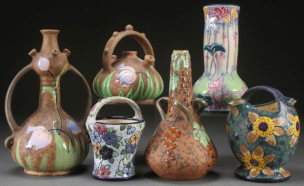 SIX PIECE GROUP OF AMPHORA AUSTRIAN ART POTTERY,: SIX PIECE GROUP OF AMPHORA AUSTRIAN ART POTTERY, CIRCA 1900. Including two Florina floral enameled handled vases, a scroll handled vase with enameled fruit clusters, two handled baskets, and a stylize
