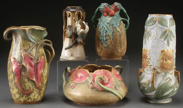 FIVE AUSTRIAN AMPHORA ART POTTERY VASES, CIRCA 19: FIVE AUSTRIAN AMPHORA ART POTTERY VASES, CIRCA 1900. Mostly of organic form with various impressed marks, some repaired. The largest 9.75 inches (25 cm).
