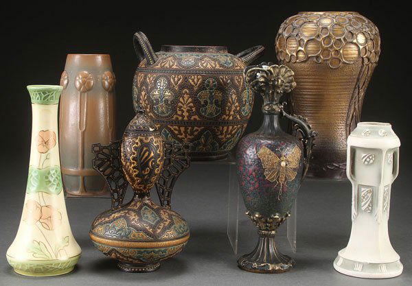 SEVEN PIECE GROUP OF AUSTRIAN ART POTTERY, CIRCA: SEVEN PIECE GROUP OF AUSTRIAN ART POTTERY, CIRCA 1900. Comprising an Amphora Gris-Bijoux type vase, an Amphora handled ewer with butterfly, and Austrian stylized floral vase, a four-handled Royal Wett