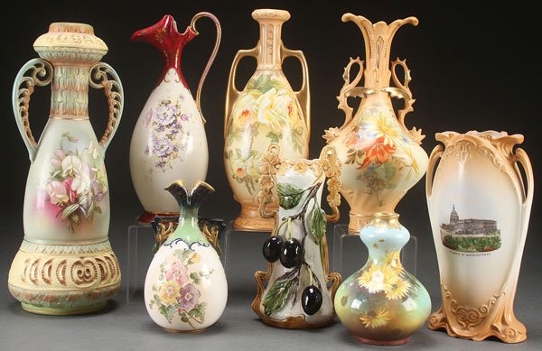 EIGHT AUSTRIAN HAND-PAINTED PORCELAIN VASES, CIRC: EIGHT AUSTRIAN HAND-PAINTED PORCELAIN VASES, CIRCA 1900 Of various style and form, including works by Carlsbad, Victoria, and Royal Wettina. Largest 14.5 inches (37 cm).