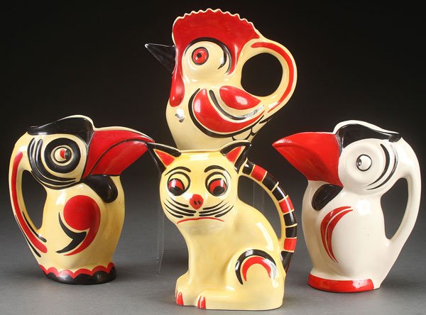 FOUR ART DECO CZECH WHIMSICAL FIGURES, CIRCA 1930: FOUR ART DECO CZECH WHIMSICAL FIGURES, CIRCA 1930'S. Comprising two Erphila handled bird pitcher, a Nasco bird pitcher, and an Erphila cat pitcher, one bird pitcher with repair. Largest 9.5 inches (24