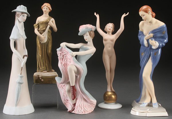 ROYAL DUX BOHEMIAN PORCELAIN FIGURES GROUP, 20TH: ROYAL DUX BOHEMIAN PORCELAIN FIGURES GROUP, 20TH CENTURY. Modeled as a girl with umbrella, a can-can dancer, an Art Deco semi-nude inscribed "Schalt," and a woman with mandolin (the latter two with so