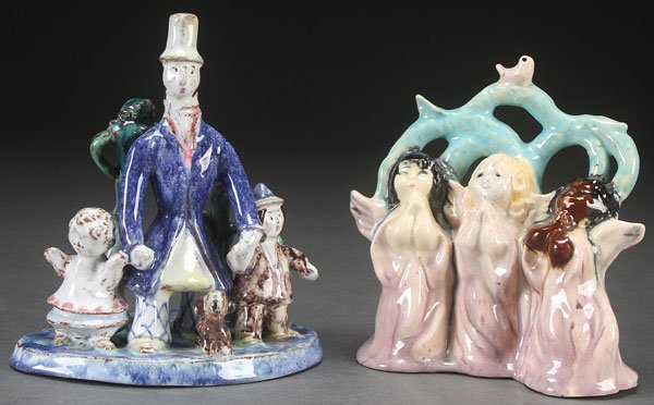 PAIR OF SUSIE SINGER ART POTTERY FIGURAL GROUPS: PAIR OF SUSIE SINGER ART POTTERY FIGURAL GROUPS, 20TH CENTURY. Comprising a Wienerwerkstatte figural group model of a man, two children, and a dog with incised hallmark "Made in Austria, 622" (attribu