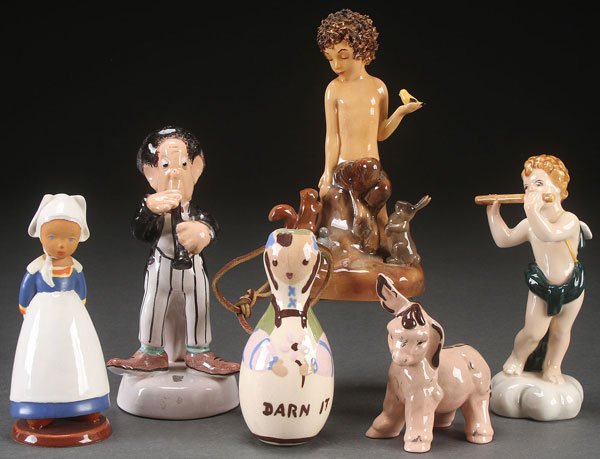 FIVE PIECE GROUP OF CALIFORNIA POTTERY FIGURES: FIVE PIECE GROUP OF CALIFORNIA POTTERY FIGURES. Comprising a Will-George depiction of Pan with wildlife, a Will-George Dutch girl, a Kay Finch donkey, a "Darn it" bottle, a figure of a musician with c