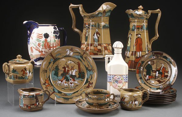 A FIFTEEN PIECE GROUP OF BUFFALO POTTERY DELDARE: A FIFTEEN PIECE GROUP OF BUFFALO POTTERY DELDARE WARE, EARLY 20TH CENTURY. Including a pitcher, chocolate pot, two creamers, covered sugar, assorted plates, and saucer. Together with a buffalo pottery