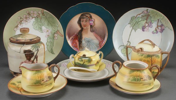 A 10 PIECE GROUP OF HAND PAINTED PORCELAIN, EARLY: A 10 PIECE GROUP OF HAND PAINTED PORCELAIN, EARLY 20TH CENTURY. Including Bavaria and Nippon "house in meadow" scenes. Together with a Sevres style portrait plate with transfer and a Nippon black bo