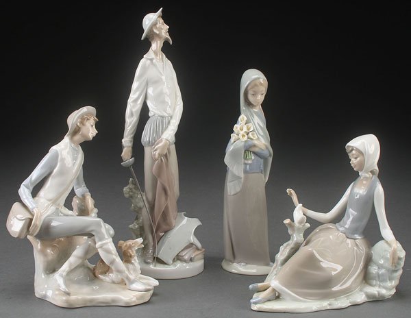 FOUR LLADRO PORCELAIN FIGURES: FOUR LLADRO PORCELAIN FIGURES. Including a shepherd, shepherdess with dove, and a Don Quixote. The largest 11.75 inches.