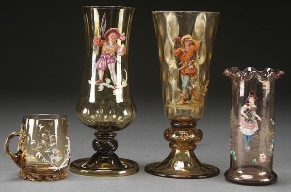 A BOHEMIAN ENAMELED GLASS GROUP, LATE 19TH C: A BOHEMIAN ENAMELED GLASS GROUP, LATE 19TH CENTURY. Comprising a Fritz Heckert inverted thumbprint pokal enameled with a huntsman, a Rossler enameled vase, an unmarked pokal with a cavalier, and a flo