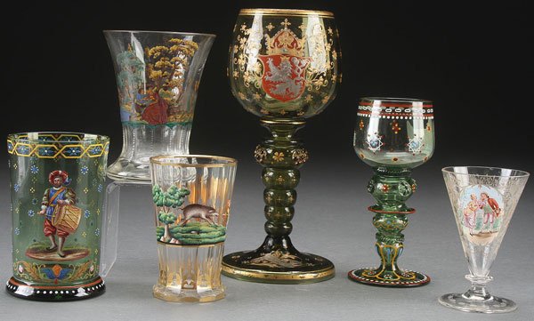 A SIX PIECE LOBEMEYER AND NOVY BOR ENAMELED BOHEM: A SIX PIECE LOBEMEYER AND NOVY BOR ENAMELED BOHEMIAN GLASS GROUP, LATE 19TH CENTURY. Comprising a Lobemeyer wine with enameled river scene titled "Lorelei," a Lobemeyer enameled tumbler with scene of 