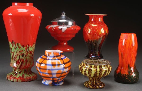 SIX CZECH ART DECO GLASS VASES, CIRCA 1930'S.: SIX CZECH ART DECO GLASS VASES, CIRCA 1930'S. In various form and color spatter glass including an iridized baluster vase with marigold interior and polished pontil (probably by Loetz). The largest 1