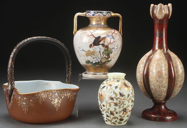 FOUR FINE BOHEMIAN VICTORIAN ART GLASS PIECES: FOUR FINE BOHEMIAN VICTORIAN ART GLASS PIECES, 19TH CENTURY. Comprising a café au lait cased and handled gilt and enameled basket attributed to Loetz, a very fine Tischer Moroccan style decorated vas