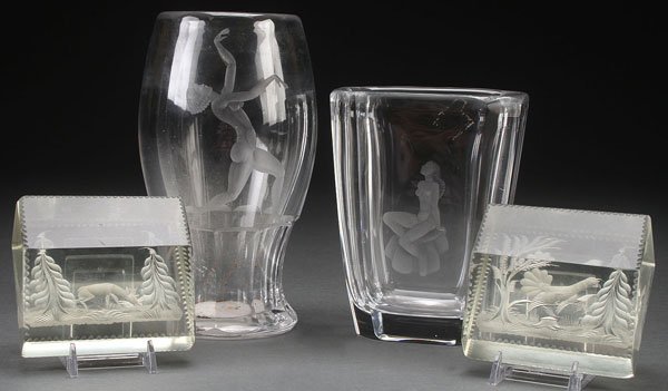 A PAIR OF SWEDISH ETCHED CRYSTAL VASES: A PAIR OF SWEDISH ETCHED CRYSTAL VASES, EARLY TO MID 20TH CENTURY. With nude figures, the largest signed indistinguishably. The seated nude signed "Orrefors," together with a pair of Austrian or bohem