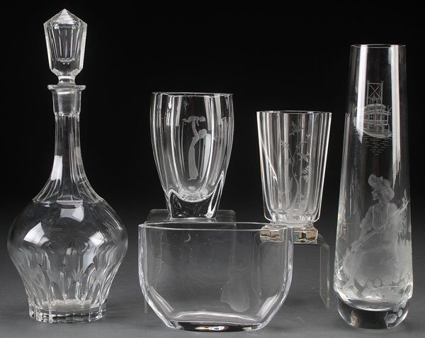 A VERY FINE ETCHED AND CUT CRYSTAL GROUP: A VERY FINE ETCHED AND CUT CRYSTAL GROUP. Comprising an Orrafers vase with girl and moon, an Orrefors bird, a floral vase, a vase with etched mother and child, a Swedish cut panel decanter, and a Cait