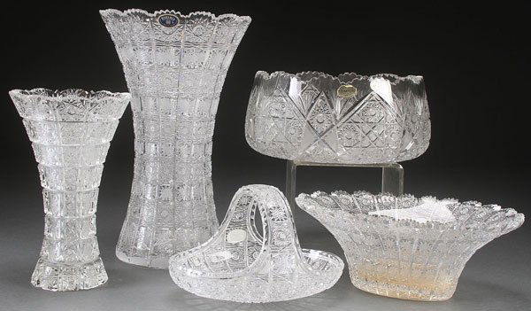 FIVE PIECES OF CZECH CUT LEAD CRYSTAL: FIVE PIECES OF CZECH CUT LEAD CRYSTAL, LAST HALF OF 20TH CENTURY. With hobstar paneled designs including bowls, vases, and a basket. The largest 14 inches (35.5 cm).
