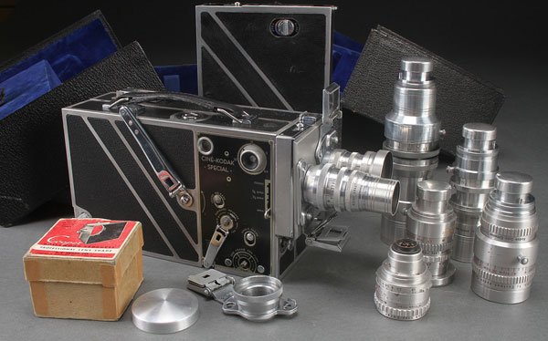 A CINE-KODAK SPECIAL I 16mm MOTION PICTURE CAMERA: A CINE-KODAK SPECIAL I 16mm MOTION PICTURE CAMERA OUTFIT, MID 20TH CENTURY. Comprising a Cine-Kodak special model I camera with two 100ft magazines, and seven lenses including a 102mm f2.7 Anastigmat,