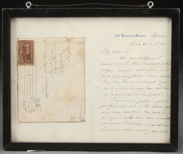 AN OLIVER WENDELL HOLMES SIGNED LETTER. On "296 B: AN OLIVER WENDELL HOLMES SIGNED LETTER. On "296 Beacon Street" letterhead, dated April 22nd, 1893, the envelope with Boston Mass Postmark for April 24th and with a five cent Columbian Exposition commo
