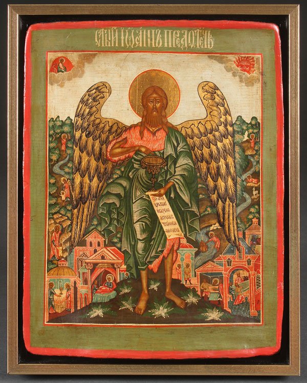 A RUSSIAN ICON OF JOHN THE BAPTIST IN THE STROGON: A RUSSIAN ICON OF JOHN THE BAPTIST IN THE STROGONOV STYLE, LAST QUARTER OF THE 20TH CENTURY. Finely executed on an old wood panel with double raised kovcheg. 12 inches x 9.25 inches (30 x 23.5 cm).
