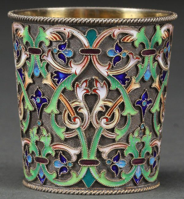 A RUSSIAN STYLE SILVER-GILT AND SHADED ENAMELED: A RUSSIAN STYLE SILVER-GILT AND SHADED ENAMELED BEAKER WITH GILDED INTERIOR, PROBABLY LAST QUARTER OF THE 20TH CENTURY. The underside with spurious marks for Grachev beneath the Imperial Warrant and 8