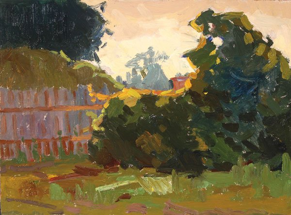 A PAIR OF RUSSIAN/UKRAINIAN PAINTINGS, CIRCA 1965: A PAIR OF RUSSIAN/UKRAINIAN PAINTINGS, CIRCA 1965. Comprising a landscape with wooden fence signed on verso in Cyrillic "A. A. Gorbenko," probably for Alexei Arkhipovich Gorbenko (b. Kiev 1919-), 12.2