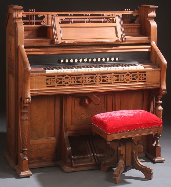 VICTORIAN WALNUT PARLOR ORGAN, LATE 19TH CENTURY: A VICTORIAN WALNUT PARLOR ORGAN, LATE 19TH CENTURY. By Kimball, refinished case and restored mechanism with thirteen stops. Length 49 inches (124.5 cm), height 52 inches (132 cm).
