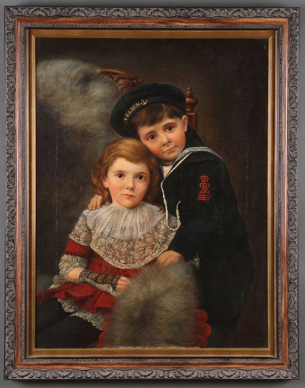 BRITISH SCHOOL(19th century) Portrait of Brother: BRITISH SCHOOL(19th century)Portrait of Brother and Sister The boy in sailor uniform and HMS Nelson capOil on canvasUnsigned33.25 inches x 25 inches (84.5 x 63.5 cm)
