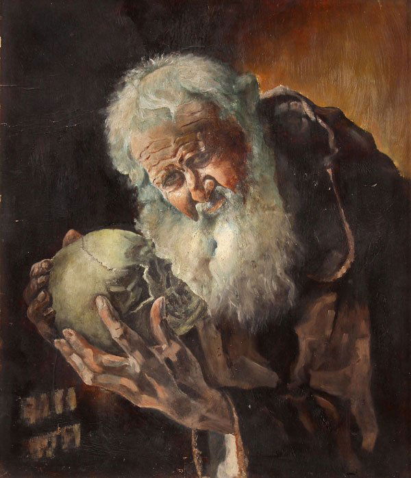 GERMAN SCHOOL(20th century) Monk Holding a Skull: GERMAN SCHOOL(20th century)A Monk Holding a Skull Oil on boardInscribed on verso13.75 inches x 12 inches (35 x 30.5 cm); overall 15.75 inches x 18 inches (40 x 45.7 cm)