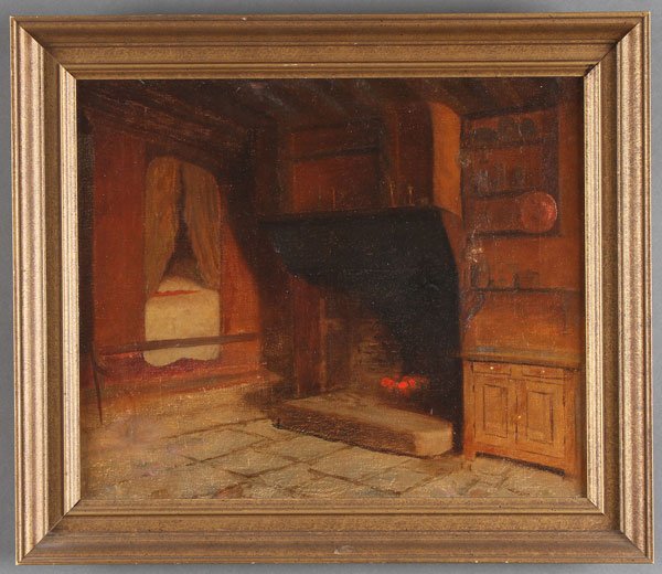 CHARLES ATHERTON CUMMING(American 1858-1932): CHARLES ATHERTON CUMMING(American 1858-1932) Brittany Kitchen in Hotel Grand Maison Oil on canvas Verso with Iowa Art Guild Exhibition Label, inscribed with title, artist's name, and number 73 15 inch