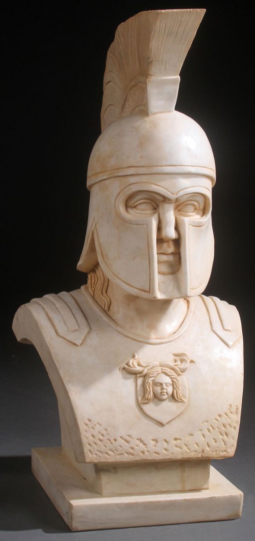 NEO GRECIAN CARVED MARBLE BUST, LAST QUARTER 20TH: A NEO GRECIAN CARVED MARBLE BUST, LAST QUARTER 20TH CENTURY. Sculpted larger than life size as a helmeted warrior in full armor in a milky white colored marble with earth colored staining. Height 32.5