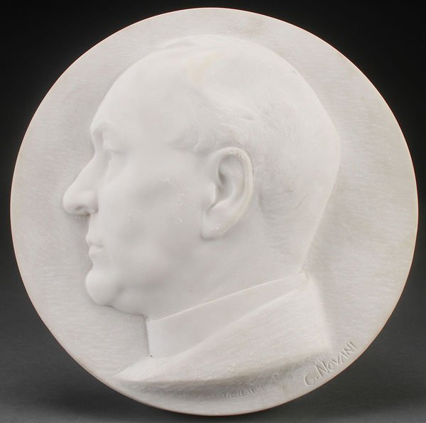 G. NOVANI(Italian 19th/20th century) Profile Bust: G. NOVANI(Italian 19th/20th century) Profile Bust Portrait of a Man Carved marble in tondo Signed lower right and inscribed on verso with later identification as “Otto Schraum.” Diameter 14.8 inch