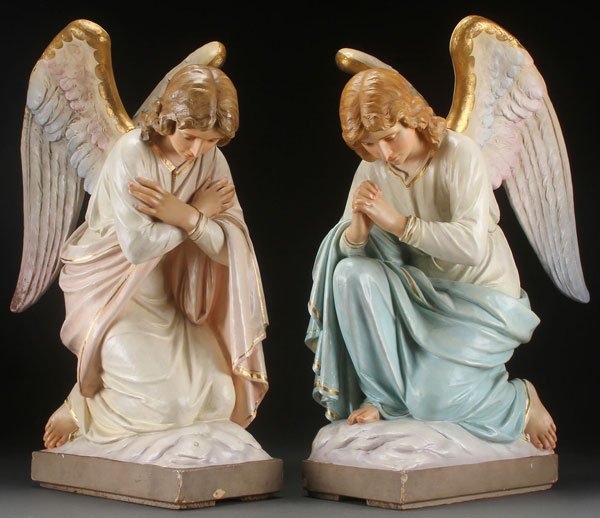 A FINE PAIR OF CAST PLASTER AND POLYCHROME: A FINE PAIR OF CAST PLASTER AND POLYCHROME OPPOSING ALTAR ANGELS, CIRCA 1925. Daprato. Finely molded in full round with deep folds, good proportions and anatomy, and in very good condition. Height 28.