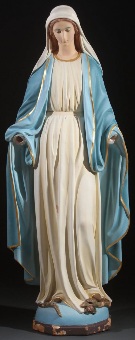 A LARGE STATUE OF THE VIRGIN MARY, POLYCHROME: A LARGE STATUE OF THE VIRGIN MARY, POLYCHROME CAST PLASTER, CIRCA 1920. Overall height five feet (152.4 cm), missing hands.