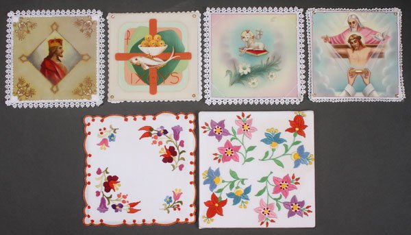 A GROUP OF SIX VERY FINE HAND-CRATED CHALICE PALL: A GROUP OF SIX VERY FINE HAND-CRATED CHALICE PALLS, 20TH CENTURY. Comprising hand-painted silk and embroidered examples as shown.